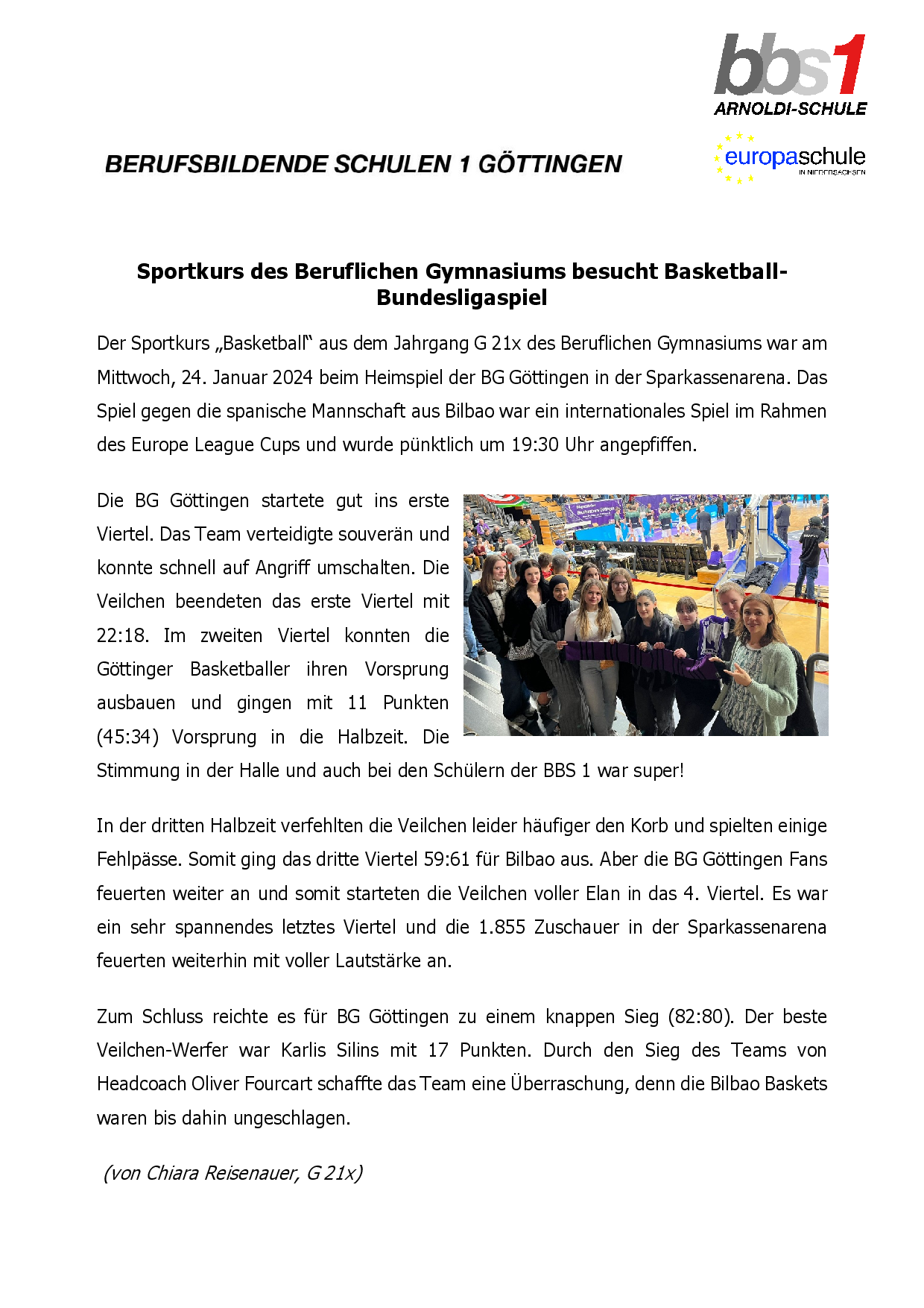 2024 02 20 Sportkurs des Beruflichen Gymnasiums besucht Basketball